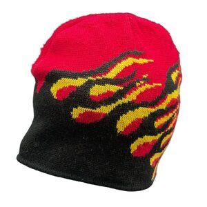 X-Treme Red & Black Knit Beanie Hat With Yellow Flame Design Unisex
